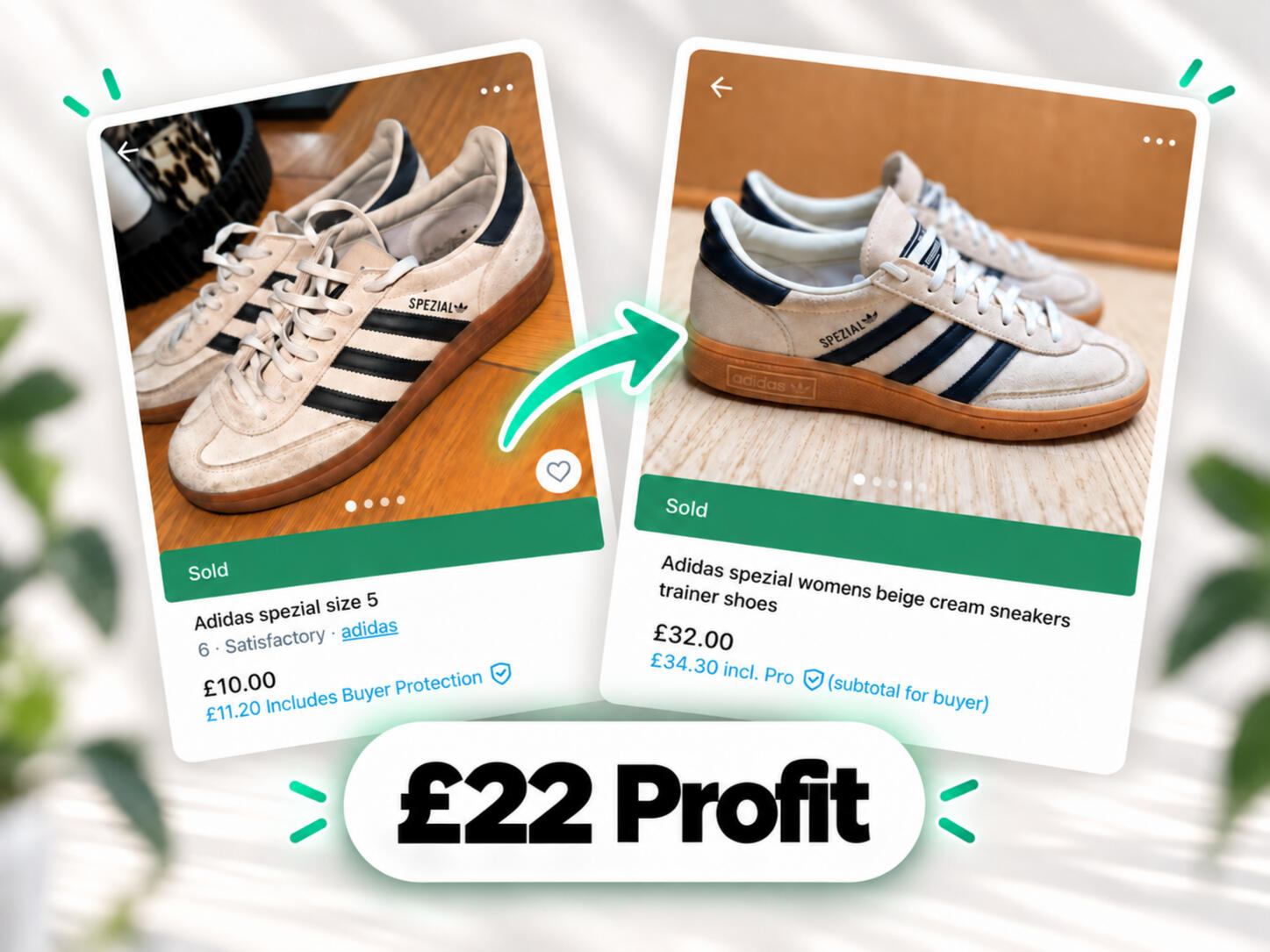 Adidas Spezial trainers bought for £10 and sold for £32, showing £22 before costs