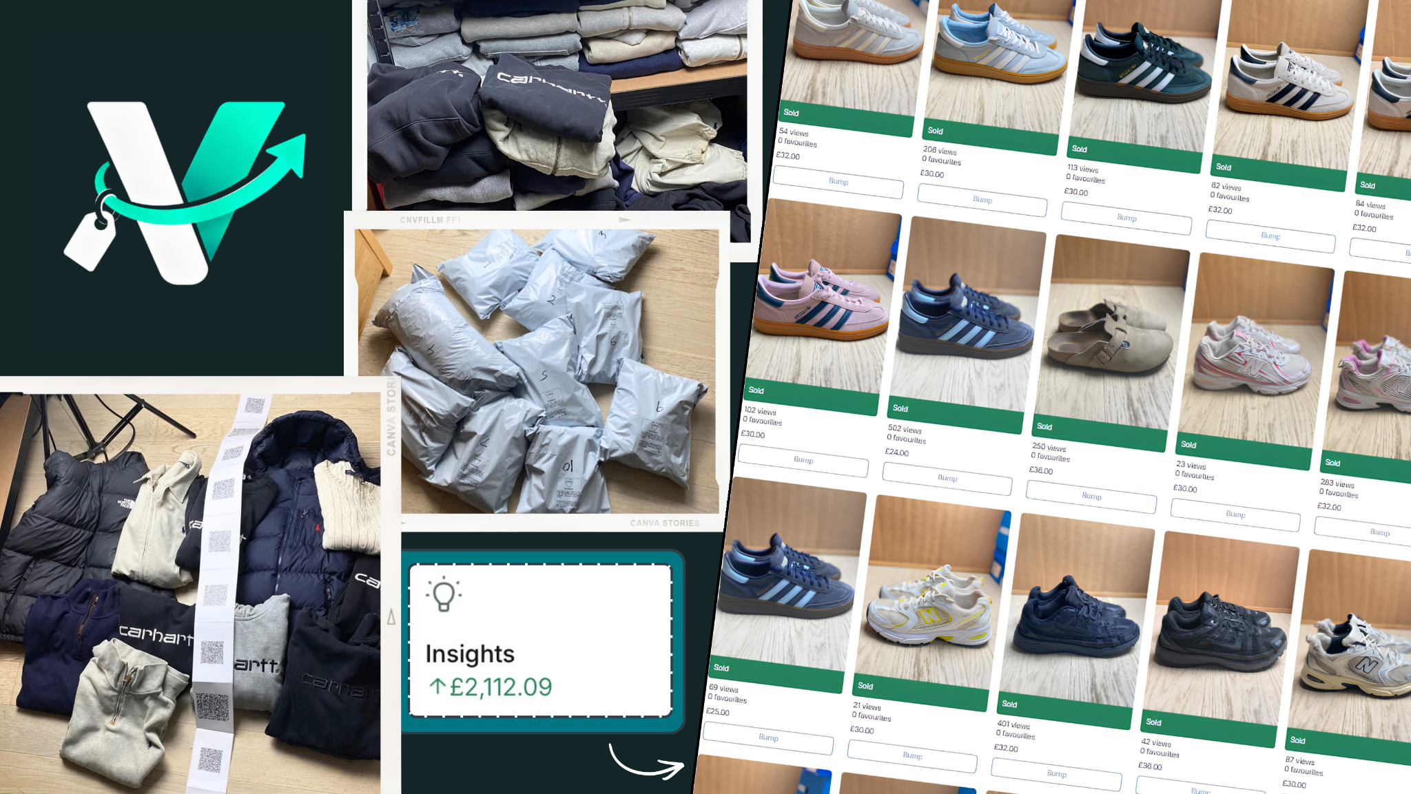 Vinted Resell overview showing trainers, clothing stock and parcels